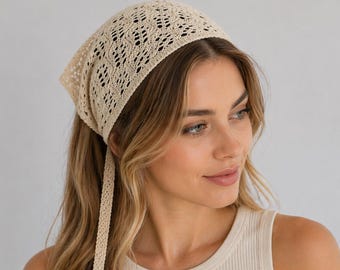 Cotton Lace Head Scarf Knit Bandana Triangle Kerchief Boho Head Wrap Lightweight Hair Scarf Hip Scarf Tie