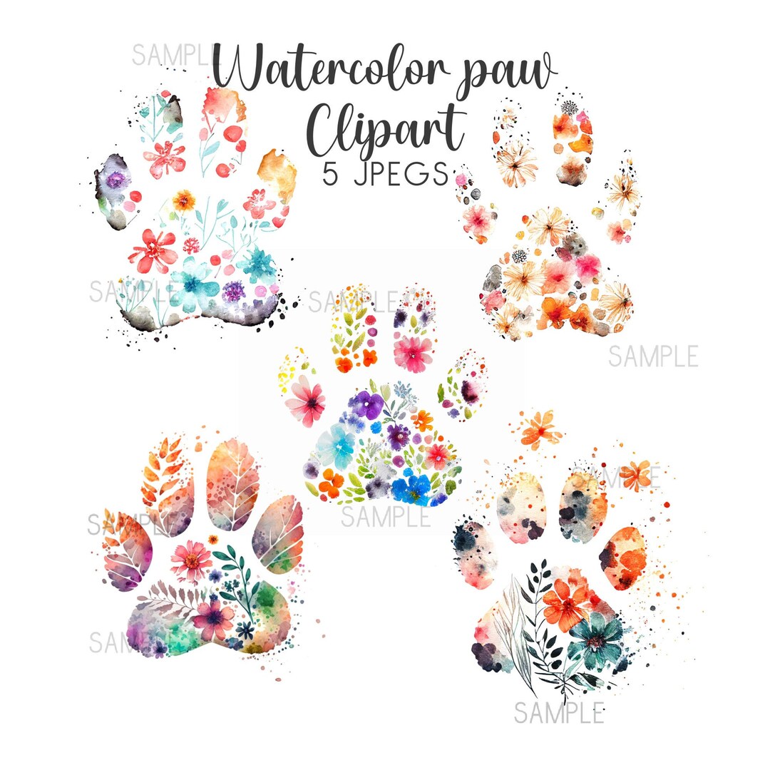 Watercolor Paw Print Dog Paw Print Flower Paw Print Etsy