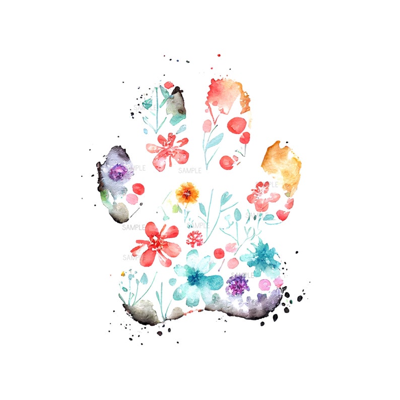 Watercolor Paw Print Dog Paw Print Flower Paw Print Etsy