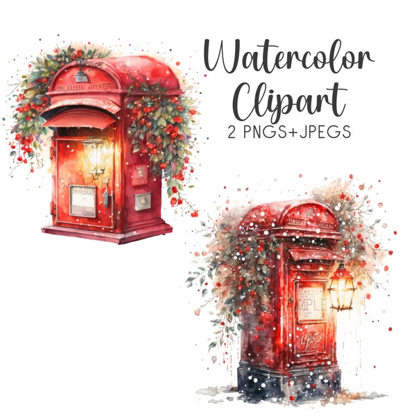 watercolor red post box, letterbox, mailbox, mailman, postman, British postbox, christmas clipart, watercolor clipart, png, jpeg, letters