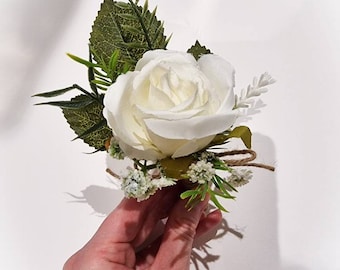 White Rose, foliage and gypsophila Button Hole, Boutonniere. Artificial Buttonhole