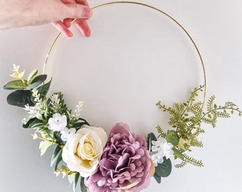 White Rose and Purple Peony Floral Hoop, Bride, Bridesmaid, Flower Girl Bouquet alternative