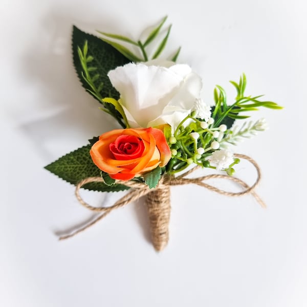 Orange and White Rose Buttonhole. Boutonniere. Groom. Groomsmen. Mother of the Bride. Father of the Bride