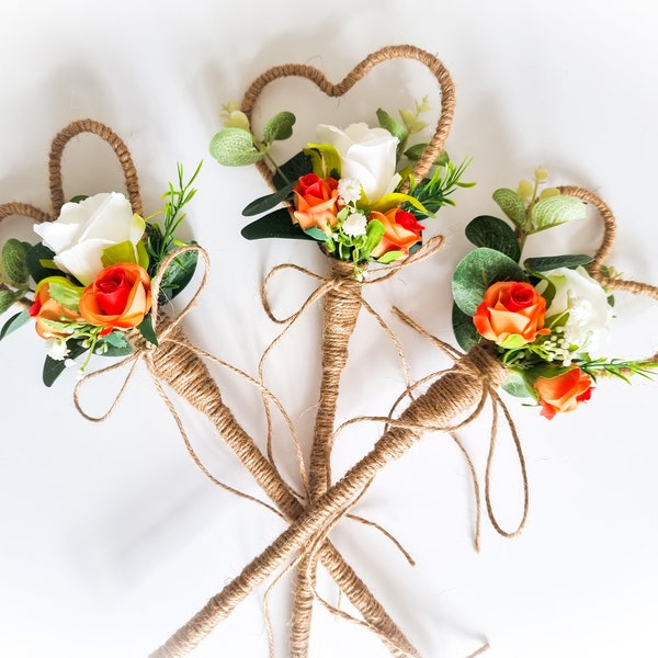 Orange Rose. Flower Heart Wand. Flower Girl. Bridesmaid. Wedding Wand