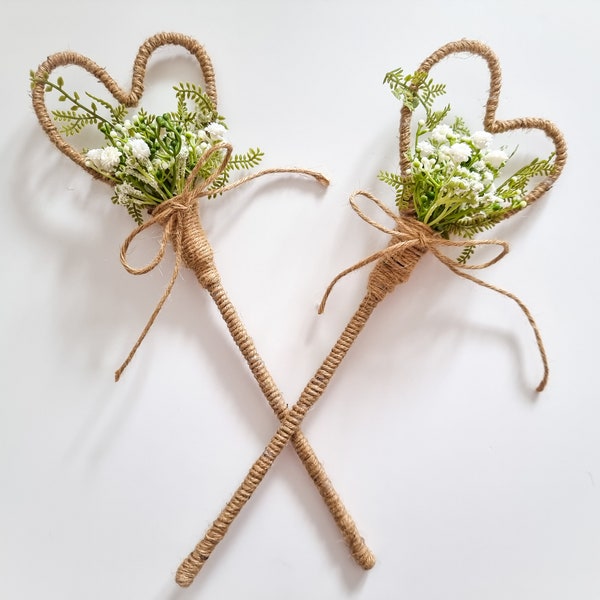 Wedding Flower Wand, Jute Twine Heart Floral Wand. Wedding Flowers. Gypsophila and white Lavender