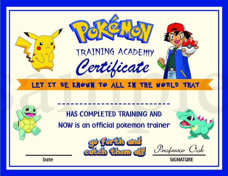 Printable digital file birthday party pokemon Go diploma INSTANT DL Pokemon certificate