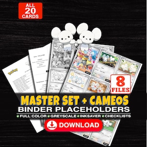 Puede incluir: Una colección digital de 20 marcadores de posición para carpetas de cartas coleccionables con personajes Tandemaus. El set incluye 8 archivos a todo color, escala de grises y ahorro de tinta, además de listas de verificación. Texto: ALL 20 CARDS, 8 FILES, MASTER SET + CAMEOS BINDER PLACEHOLDERS, FULL COLOR, GREYSCALE, INKSAVER, CHECKLISTS, DOWNLOAD.