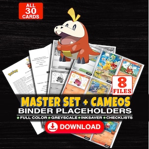 Puede incluir: Una colección digital de 30 marcadores de posición para carpetas de cartas coleccionables Pokemon con Fuecoco, incluyendo 8 archivos a color, escala de grises y ahorro de tinta. El set incluye listas de control y un botón de descarga.