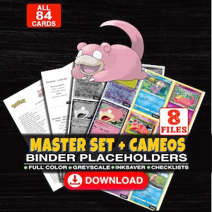 Puede incluir: Una colección digital de 84 tarjetas de marcador de posición para carpetas imprimibles con el personaje rosa Slowpoke. El set incluye 8 archivos con opciones a todo color, escala de grises y ahorro de tinta, además de listas. Texto: MASTER SET + CAMEOS BINDER PLACEHOLDERS.