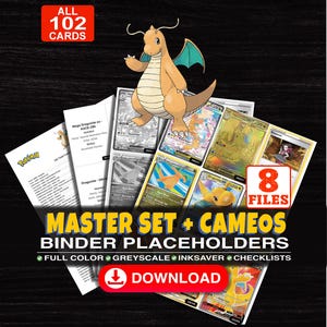 Op de afbeelding: Een digitale collectie van 102 Pokémon-ruilkaart-map-placeholders met een centrale Dragonite-illustratie. De set bevat 8 bestanden in kleur, grijstinten en inktbesparende opties, plus checklists. Tekst: MASTER SET + CAMEOS BINDER PLACEHOLDERS en DOWNLOAD.