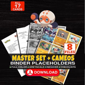 May include: A digital collection of 17 trading card binder placeholders featuring Clobbopus illustrations. The set includes 8 files with full colour, greyscale, and ink-saver options, plus checklists. Text includes ALL 17 CARDS, 8 FILES, MASTER SET + CAMEOS BINDER PLACEHOLDERS, and DOWNLOAD.