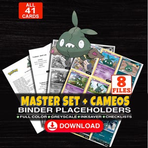 Peut inclure: Une collection numérique de 41 intercalaires imprimables pour classeur de cartes à collectionner représentant le Pokemon Trubbish. L'ensemble comprend 8 fichiers en couleur, niveaux de gris et économie d'encre, avec listes. Texte : MASTER SET + CAMEOS BINDER PLACEHOLDERS.