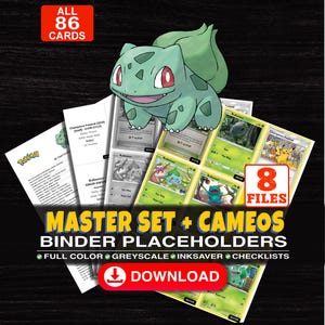 Könnte beinhalten: Eine digitale Sammlung von 86 Sammelkarten-Ordner-Platzhaltern mit einer grünen Bulbasaur-Illustration. Das Set enthält 8 Dateien in Farbe, Graustufen und Tintensparmodus sowie Checklisten. Text: MASTER SET + CAMEOS BINDER PLACEHOLDERS.