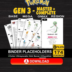 Op de afbeelding: Een digitale download met Pokémon Gen 3-map-plaatsaanduidingen. De afbeelding bevat een Gardevoir-kaart, een downloadknop en de tekst "174 Pokemon" en "8 bestanden". Het ontwerp staat op een donkere achtergrond.