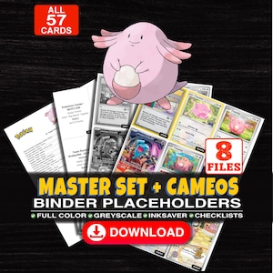 May include: A digital collection of 57 printable trading card binder placeholders featuring a pink Chansey character. The set includes 8 files with full colour, greyscale, and ink-saver options, plus checklists labelled Master Set + Cameos Binder Placeholders.