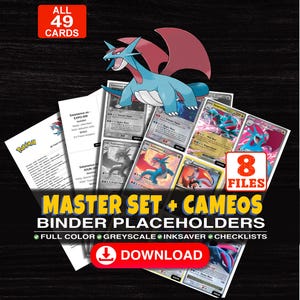 Può includere: Una collezione digitale di 49 segnaposto per raccoglitori di carte collezionabili Salamence con opzioni a colori, in scala di grigi e a risparmio d'inchiostro. Il set include liste di controllo e 8 file da scaricare con varie illustrazioni.