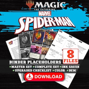 Op de afbeelding: Promotieafbeelding voor Magic: The Gathering Marvel Spider-Man kaarthouderplaatsaanduidingen. De afbeelding toont verschillende kaartontwerpen, een downloadknop en tekst die opties voor de masterset, complete set en bijgewerkte checklist aangeeft. De achtergrond is zwart met blauwe en rode accenten.