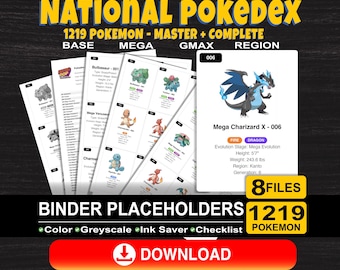 1219 POKÉMON NATIONAL Pokedex Master Set Álbum de marcadores de posición Incluye variantes Mega GMAX y regionales. Coleccionistas de Squirtle, Charizard y Eevee