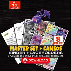 Könnte beinhalten: Eine digitale Sammlung von 19 Sammelkarten-Ordner-Platzhaltern mit Naganadel, inklusive Vollfarb-, Graustufen- und Tintensparversionen mit Checklisten. Der Text lautet ALL 19 CARDS, 8 FILES, MASTER SET + CAMEOS BINDER PLACEHOLDERS, DOWNLOAD.