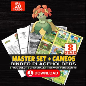 Può includere: Una collezione digitale di 28 segnaposto per raccoglitori di carte collezionabili Bellossom con 8 file, incluse versioni a colori, in scala di grigi e a risparmio d'inchiostro con liste di controllo. Il testo recita ALL 28 CARDS, 8 FILES, MASTER SET + CAMEOS BINDER PLACEHOLDERS, DOWNLOAD e ulteriori informazioni su altri set di carte disponibili.