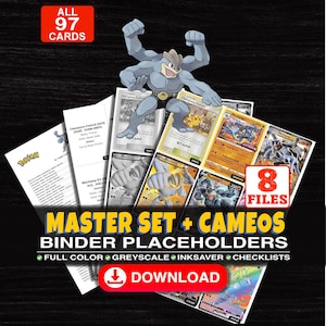 Può includere: Una collezione digitale di 97 segnaposto per raccoglitori di carte collezionabili con Machamp e vari personaggi Pokemon. Il set include 8 file a colori, in scala di grigi e con opzioni di risparmio inchiostro, più liste. Testo: MASTER SET + CAMEOS.