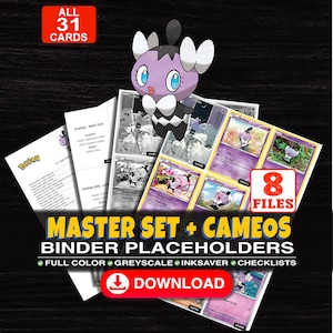 Może przedstawiać: Cyfrowa kolekcja 31 miejsc na karty kolekcjonerskie Pokémon Gothita w 8 plikach. Obraz przedstawia fioletowo-czarną postać Gothita, różne projekty kart, listy kontrolne oraz tekst MASTER SET + CAMEOS BINDER PLACEHOLDERS.