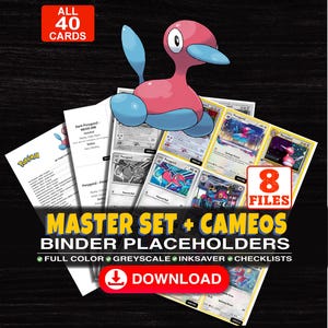 May include: A digital collection of 40 Porygon trading card binder placeholders featuring a pink and blue character illustration. The set includes 8 files with full color, greyscale, and ink-saver options, plus checklists for organization and display.