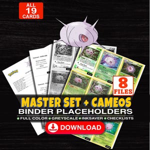 Può includere: Una collezione digitale di 19 segnaposto per raccoglitori di carte collezionabili Pokémon Cascoon in 8 file. Include versioni a colori, in scala di grigi e a risparmio d'inchiostro con liste. Testo: ALL 19 CARDS, 8 FILES, MASTER SET + CAMEOS BINDER PLACEHOLDERS.