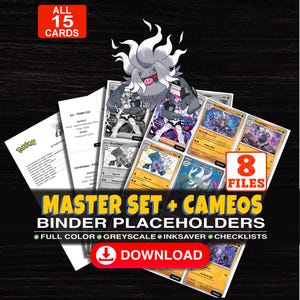 May include: A digital collection of 15 trading card binder placeholders featuring Annihilape artwork. The set includes 8 files with full color, greyscale, and inksaver options, plus checklists. Text includes ALL 15 CARDS, 8 FILES, MASTER SET + CAMEOS BINDER PLACEHOLDERS, and DOWNLOAD.