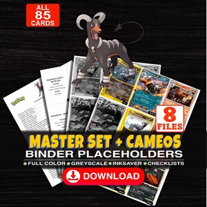 May include: A digital collection of 85 Houndoom trading card binder placeholders across 8 files. Includes full colour, greyscale, and inksaver options with checklists. Features the text MASTER SET + CAMEOS BINDER PLACEHOLDERS and a download button.