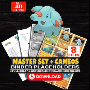 Puede incluir: Una colección digital de 40 marcadores de posición para carpetas de cartas coleccionables Phanpy con 8 archivos en color, escala de grises y ahorro de tinta. El texto dice MASTER SET + CAMEOS BINDER PLACEHOLDERS, 8 FILES y DOWNLOAD.