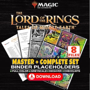 May include: A digital collection of Magic The Gathering The Lord of the Rings Tales of Middle-earth binder placeholders featuring eight files, including full colour, greyscale, and ink-saver card designs, plus checklists for download.