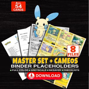 Puede incluir: Una colección digital de 54 marcadores de posición para carpetas de cartas coleccionables con Minun, incluyendo versiones a color, escala de grises y ahorro de tinta. El texto dice MASTER SET + CAMEOS BINDER PLACEHOLDERS, 8 FILES, ALL 54 CARDS y DOWNLOAD.