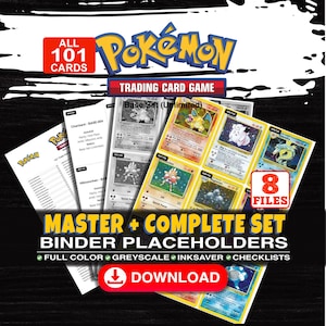 Könnte beinhalten: Ein digitaler Download-Satz mit 8 Pokémon-Sammelkartenspiel-Ordner-Platzhaltern für 101 Karten aus dem Basis-Set. Enthält Vollfarb-, Graustufen- und Tintenspar-Optionen mit Checklisten. Text: ALL 101 CARDS, MASTER + COMPLETE SET BINDER PLACEHOLDERS, DOWNLOAD.