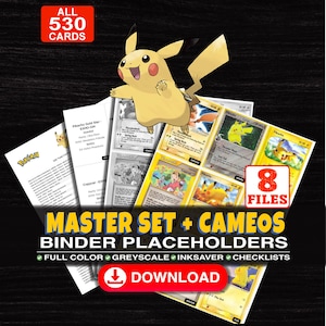 Puede incluir: Una colección digital de 530 marcadores para carpetas de cartas coleccionables con Pikachu y varias cartas de juego. La imagen incluye el texto ALL 530 CARDS, 8 FILES, MASTER SET + CAMEOS BINDER PLACEHOLDERS, FULL COLOR, GREYSCALE, INKSAVER, CHECKLISTS, DOWNLOAD.