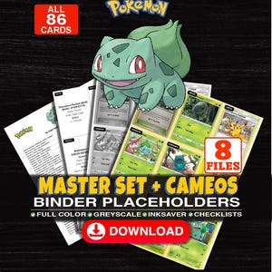 Może przedstawiać: Cyfrowa kolekcja 86 miejsc na karty kolekcjonerskie Pokémon z ilustracją Bulbasaura. Zestaw zawiera 8 plików w pełnym kolorze, skali szarości i opcjach oszczędzania tuszu oraz listy kontrolne. Tekst zawiera MASTER SET + CAMEOS.