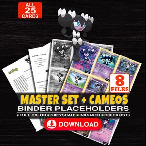 May include: A digital collection of 25 Gothorita trading card binder placeholders featuring 8 files including full colour, greyscale, and ink-saver versions with checklists. The graphic displays various Gothorita character illustrations.