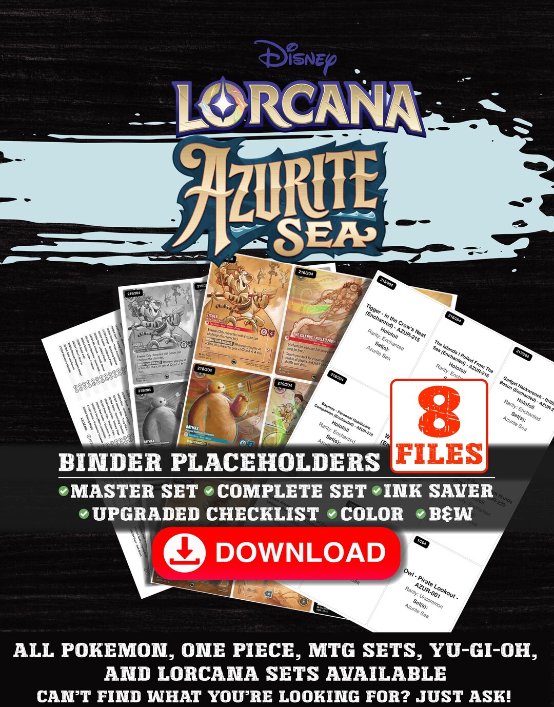 Azurite Sea Disney Lorcana Binder Checklist | Master Set Tracker