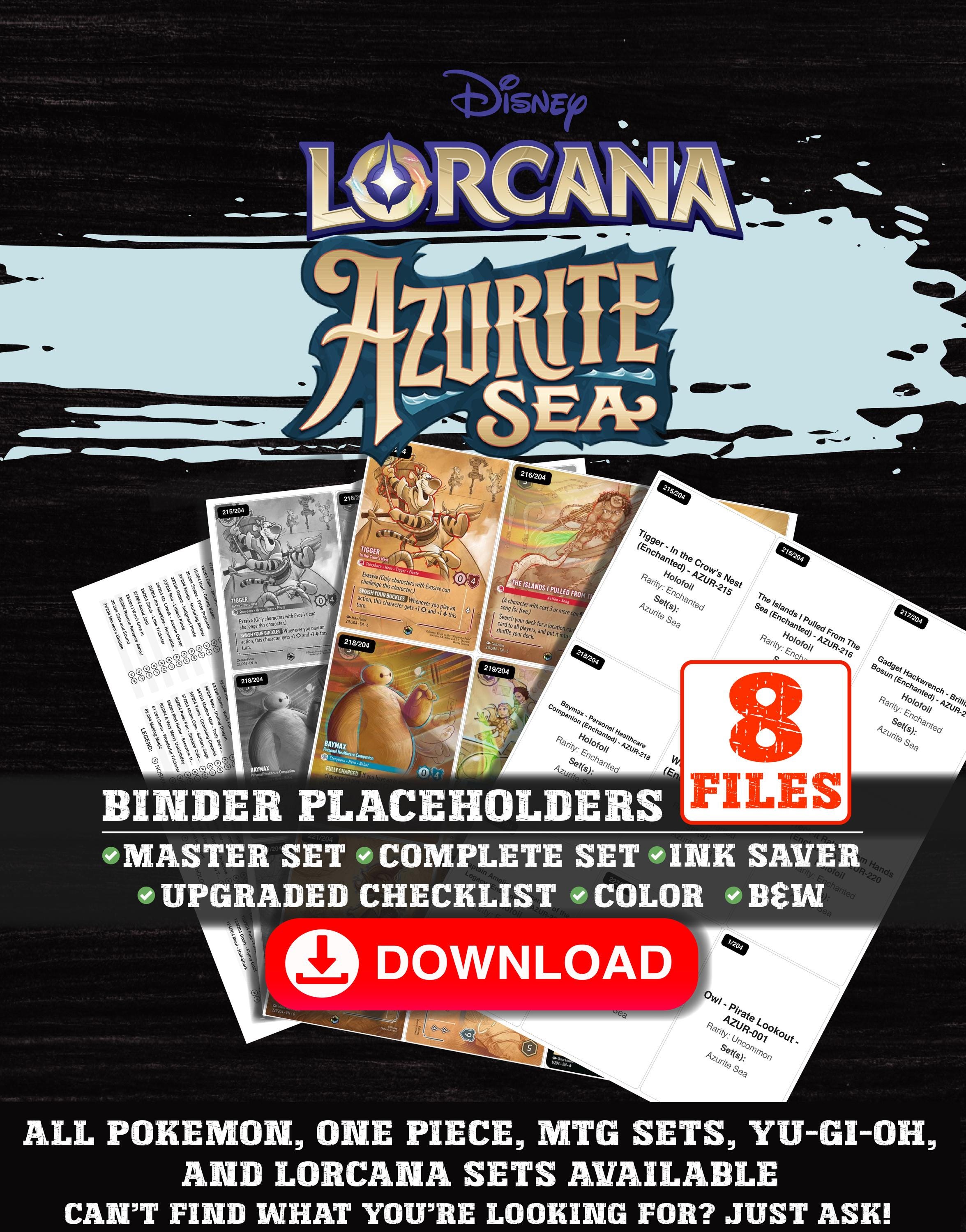 Azurite Sea Disney Lorcana Binder Checklist | Master Set Tracker
