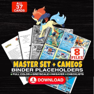 Puede incluir: Una colección digital de 37 marcadores de posición para carpetas de cartas coleccionables Keldeo con opciones a todo color, escala de grises y ahorro de tinta. El set incluye 8 archivos con listas de verificación y diversas ilustraciones de Keldeo.