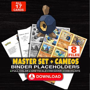 Può includere: Una collezione digitale di 17 segnaposto per raccoglitori di carte collezionabili Roggenrola in 8 file. La grafica mostra la creatura rocciosa blu, vari layout di carte a colori e in scala di grigi, e il testo MASTER SET + CAMEOS BINDER PLACEHOLDERS.
