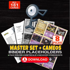 Puede incluir: Una colección digital de 181 marcadores de posición para carpetas de cartas coleccionables Pokémon con el personaje Unown. El set incluye 8 archivos a todo color, escala de grises y ahorro de tinta, además de listas de verificación.