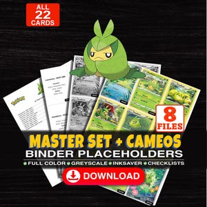 Puede incluir: Una colección digital de 22 marcadores para carpetas de cartas coleccionables con el personaje verde Swadloon. El set incluye 8 archivos a color, escala de grises y ahorro de tinta, más listas. Texto: "ALL 22 CARDS", "8 FILES", "MASTER SET + CAMEOS BINDER PLACEHOLDERS".