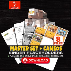 Könnte beinhalten: Eine digitale Sammlung von 8 druckbaren Ordner-Platzhalterdateien für ein von Nacli inspiriertes Sammelkartenset. Enthält Checklisten in Farbe, Graustufen und Tintensparmodus. Text: ALL 7 CARDS, 8 FILES, MASTER SET + CAMEOS BINDER PLACEHOLDERS, DOWNLOAD.