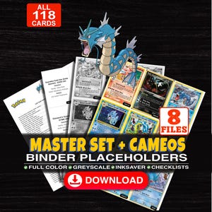 Può includere: Una collezione digitale di 118 segnaposto per raccoglitori di carte collezionabili Pokémon con un'illustrazione di Gyarados blu. Il set include 8 file a colori, in scala di grigi e in modalità risparmio inchiostro, più liste. Testo: MASTER SET + CAMEOS.