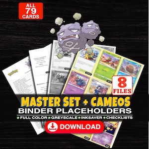 Puede incluir: Una colección digital de 79 marcadores para carpetas de cartas coleccionables con una ilustración de Koffing morado. El set incluye 8 archivos a color, escala de grises y ahorro de tinta, más listas. Texto: MASTER SET + CAMEOS BINDER PLACEHOLDERS.