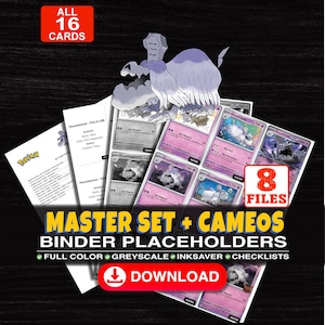 May include: A digital collection of 16 Houndstone trading card binder placeholders featuring 8 files. The set includes full colour, greyscale, and inksaver options with checklists. Text includes ALL 16 CARDS, 8 FILES, MASTER SET + CAMEOS BINDER PLACEHOLDERS, FULL COLOUR, GREYSCALE, INKSAVER, CHECKLISTS, DOWNLOAD, and additional text regarding other card sets.