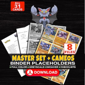 May include: A digital collection of 31 trading card binder placeholders featuring Gliscor, including 8 files with full color, greyscale, and inksaver options. The text reads Master Set + Cameos Binder Placeholders, Download, and All 31 Cards.
