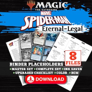 以下が含まれることがあります： マジック：ザ・ギャザリング マーベル スパイダーマン エターナル・リーガル カードセットのプロモーション画像。画像には、いくつかのカードプレースホルダー、ダウンロードボタン、テキスト「8 FILES」が表示されています。画像には「Binder Placeholders」と「Master Set」のテキストも含まれています。