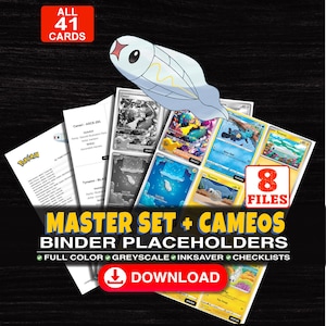 Puede incluir: Una colección digital de 41 marcadores para carpetas de cartas coleccionables con Tynamo, incluyendo 8 archivos a color, escala de grises y ahorro de tinta. El texto dice Master Set + Cameos Binder Placeholders, Download, y All Pokemon, One Piece, MTG Sets, Yu-Gi-Oh, and Lorcana Sets Available.